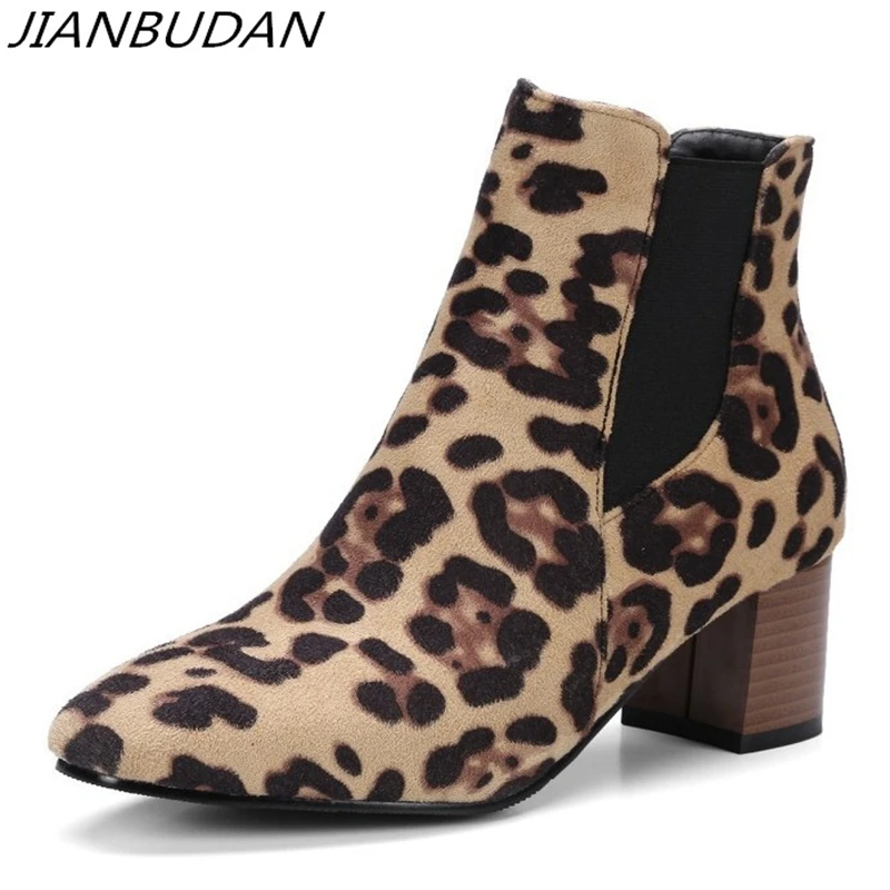 

JIANBUDAN Brand high heel suede Ankle boots women's Casual Autumn boots Elastic band leopard sexy female Pumps 34-46 large size