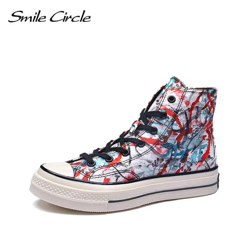 Smile Circle/; сезон весна; разноцветная обувь на плоской платформе; женские модные парусиновые кроссовки с высоким берцем; женская повседневная обувь на шнуровке