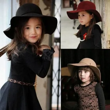 Стиль, мягкая детская шляпа от солнца в винтажном стиле с широкими полями, шерстяная фетровая шляпа-котелок Fedora, широкополая шляпа для девочек, большая шляпа для детей 3-7 лет