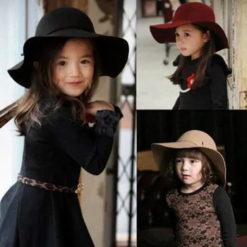 

2015 New Style Soft Child Sun hat Vintage Wide Brim Wool Felt Bowler Fedora Hat Floppy Cloche Girl kids Large Hat for 3-7 year