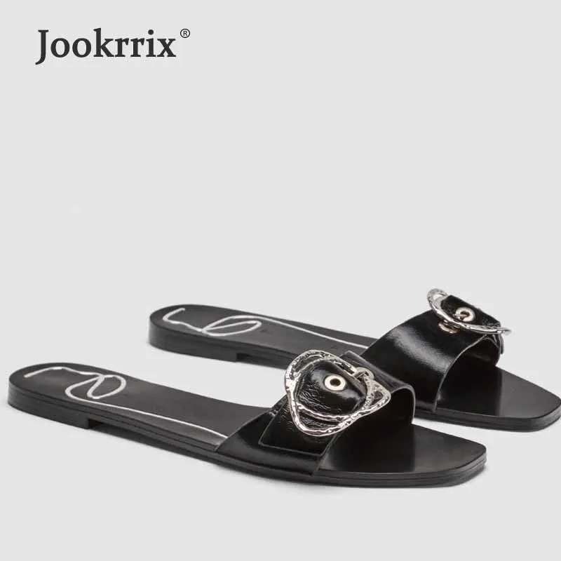 

Jookrrix 2018 Western Style Summer Fashion Metal Decoration Girl Leisure Slipper Shoe Women Lady Slides Slip On Lady Mule Female