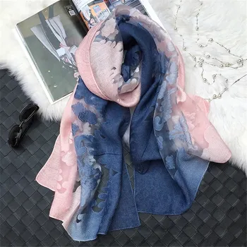 

2020 Luxury Brand Laser Cut Ombre Floral Silk Wool Scarf Lady Summer Shawls and Wraps Pashmina Stole Bandanas Foulard Hijab Caps