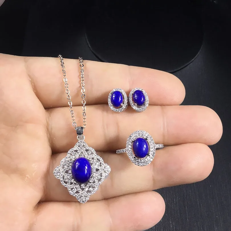 ZHHIRY натуральный драгоценный камень комплект ювелирных изделий из натуральной твердой 925 пробы Серебряные наборы темно синий камень для женщин