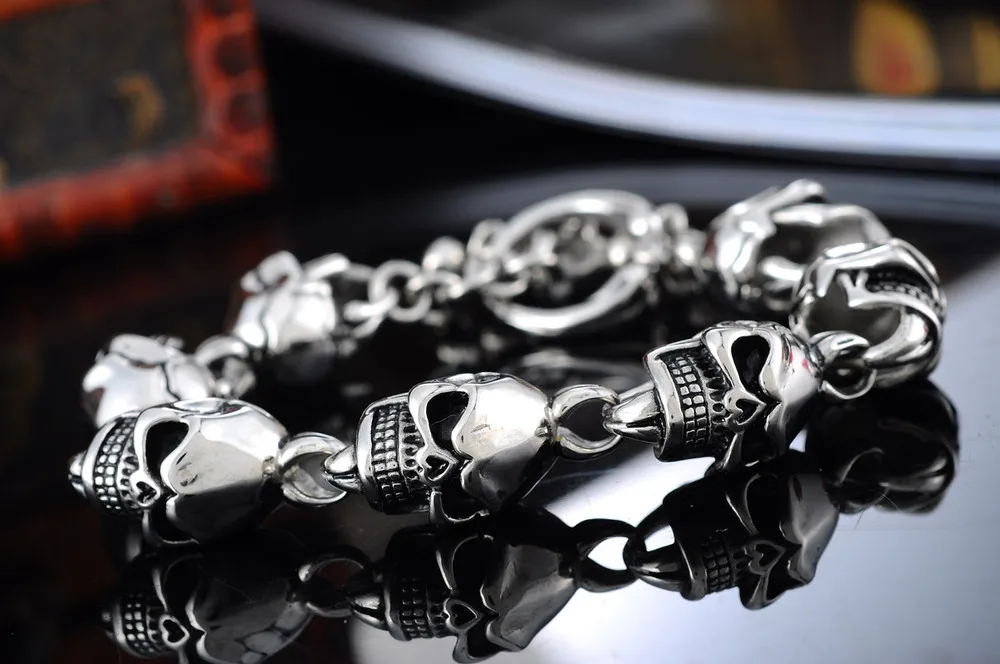 1PC 316L Stainless Steel Bright Silver Tone Gothic Punk Skull Charm Beads