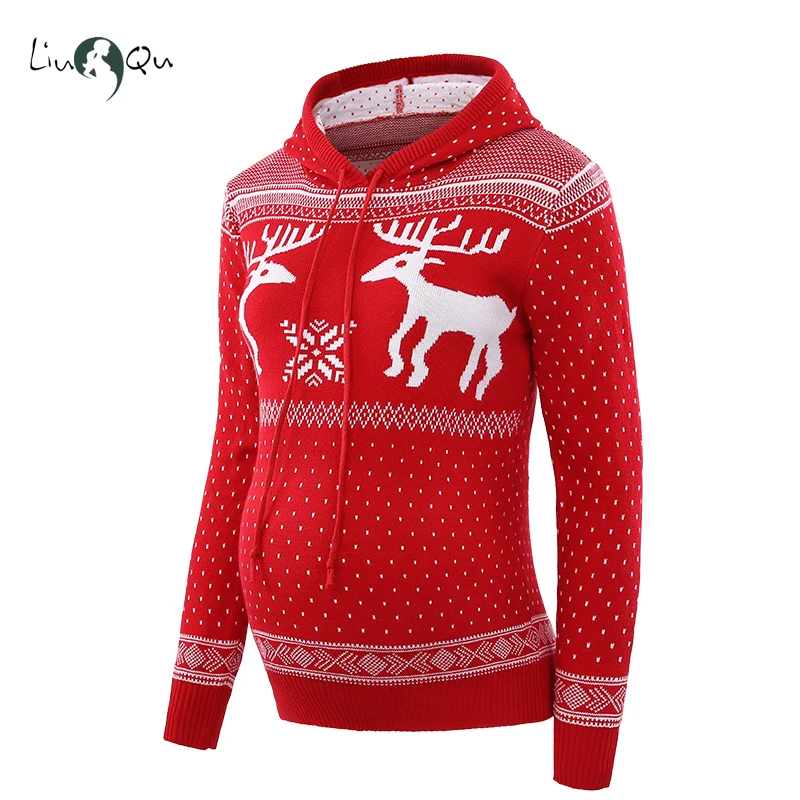 Гадкий лестный Рождественский свитер для беременных Снежный хлопья олень пуловер с капюшоном вязаная женская зимняя одежда для беременных