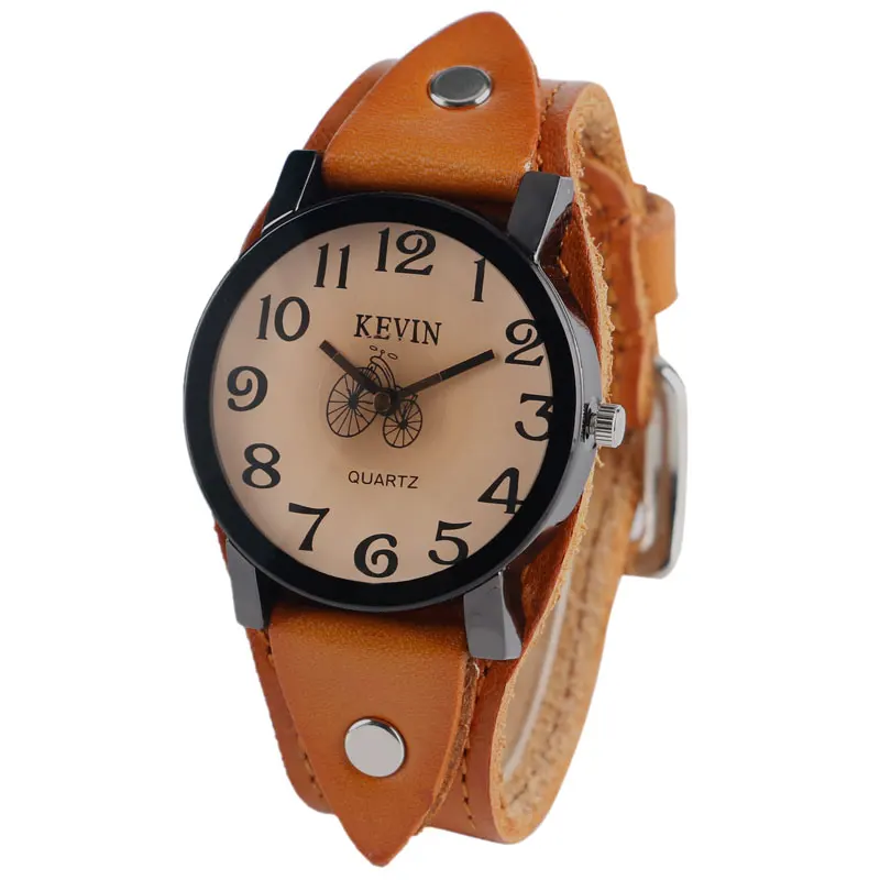 

KEVIN Top Steampunk Series Watch Chic Style Bicycle Pattern Design Men Outdoor Sport Brown Leather Strap Male Clock