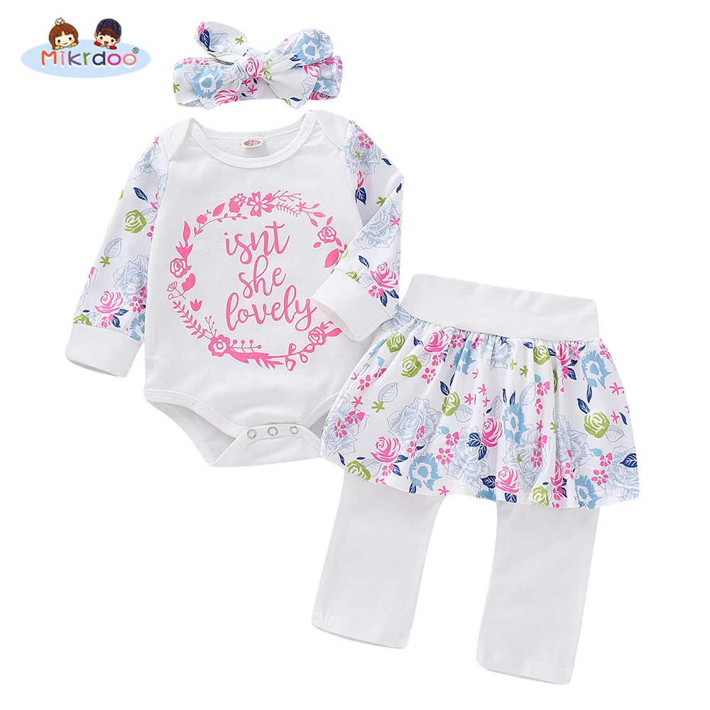 

Toddler Infant Baby Girls Clothes Set Letters Print Long Sleeve Romper Pantskirt Headband Cute Floral 3PCS Outfit