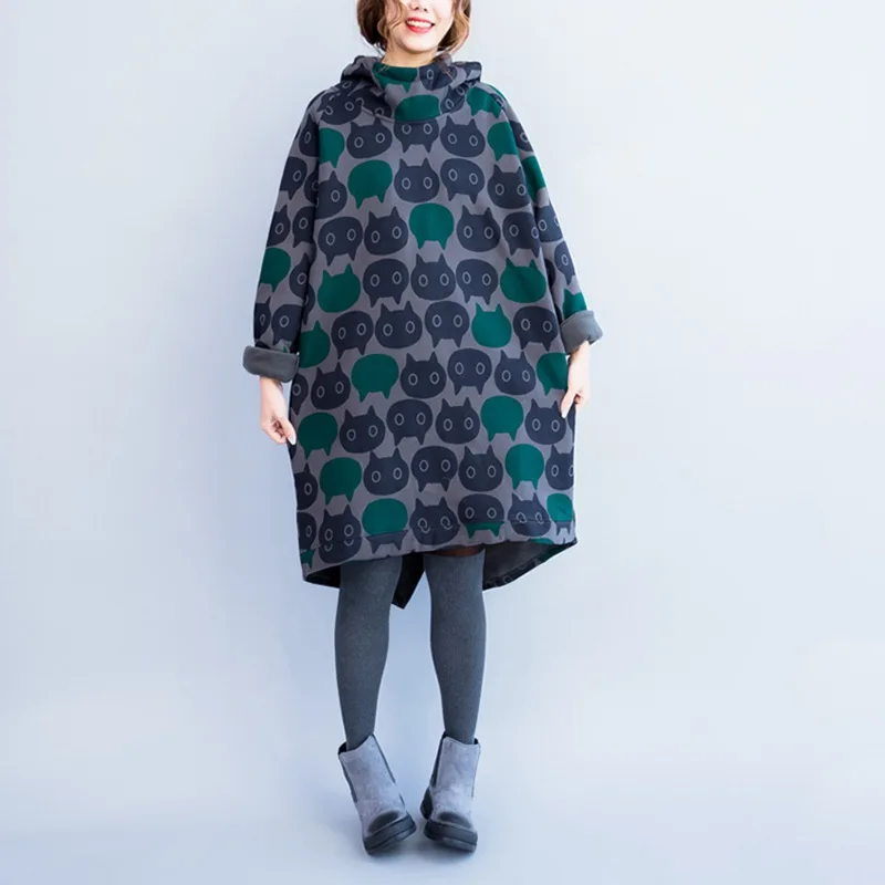 

Mferlier Women Dress Hooded Long Sleeve Cartoon Print Female Loose Casual Winter Thicken Warm Vintage Dress