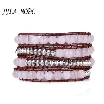 

Natural Gems Stone Raw Pink Quartz Crystal Beads Statement Bracelet 4 Strand Boho Wrap Bracelets Women Bohemia Jewelry