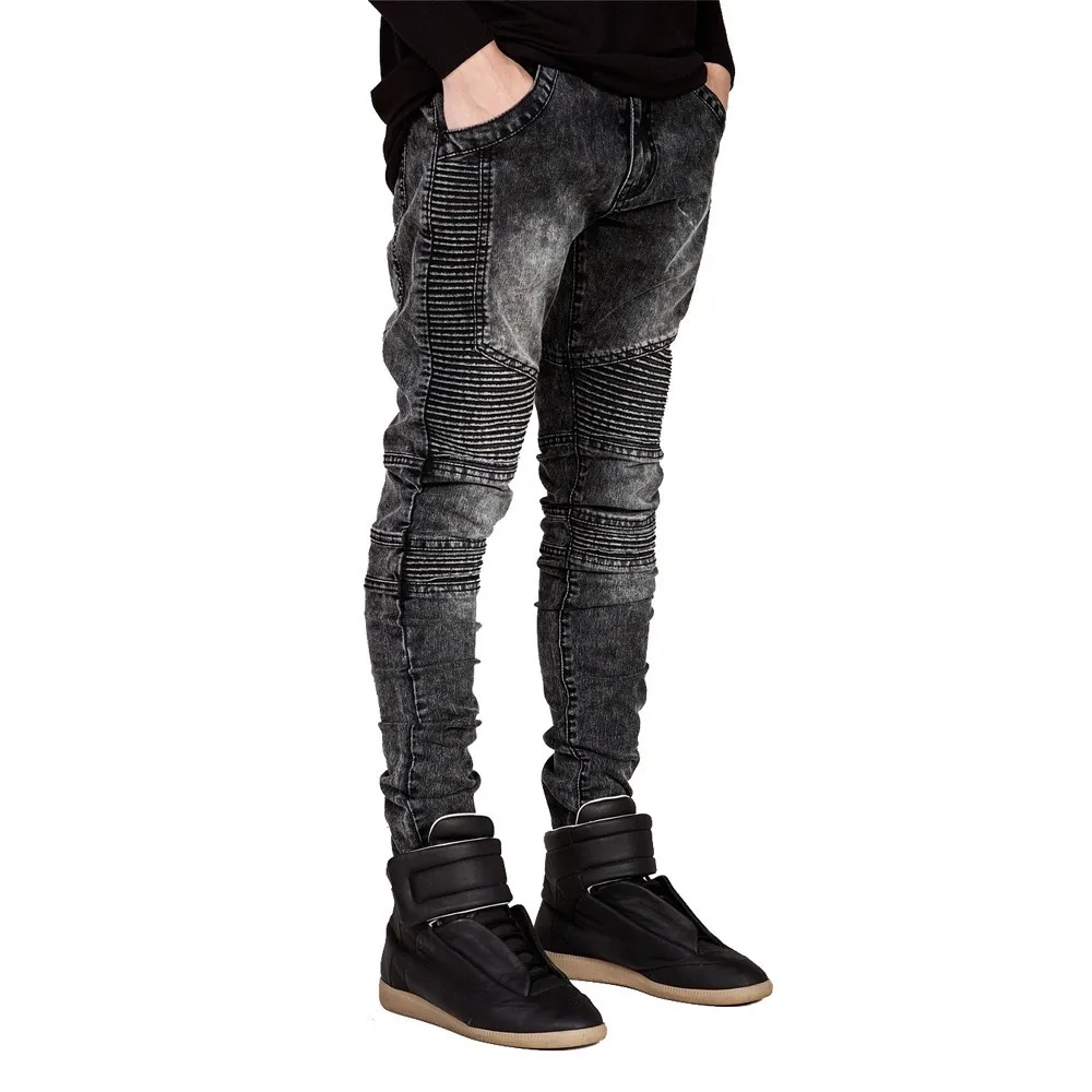 Новинка; Прямая поставка; байкерские джинсы; мужские эластичные джинсы-карго; плиссированные узкие джинсы; мужские брюки - Цвет: Темно-серый