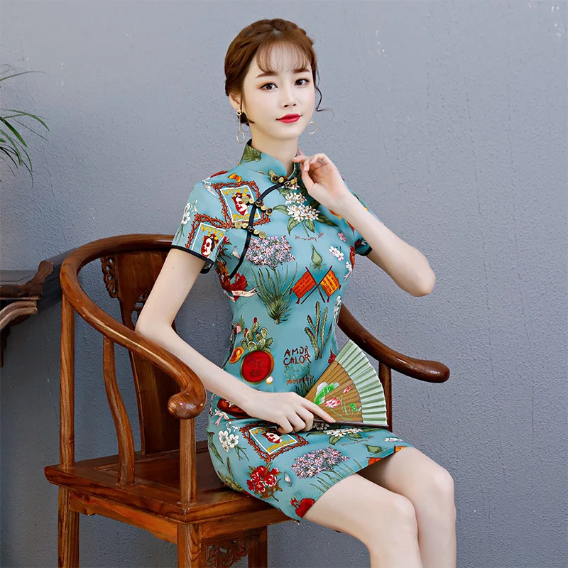 

Summer New Women Cheongsam Short Dress Floral Vintage Traditional Cotton Slim Dresses Vestidos