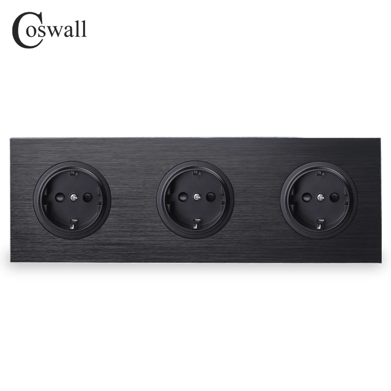 Ceny Coswall luksusowy czarny panel aluminiowy 16A trzyosobowy standard ue ścienne gniazdo zasilające 3 Way uziemione z zabezpieczeniem przed dziećmi