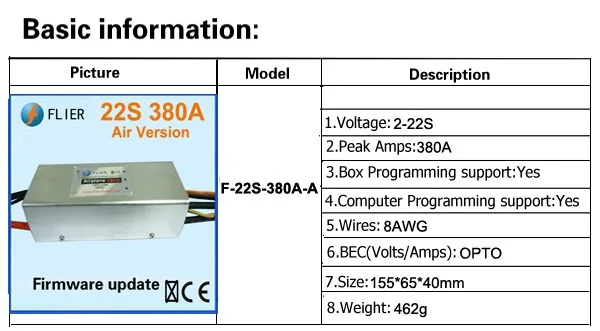 FATJAY FLIER 380A 2-22S Высокое напряжение ESC Бесщеточный Регулятор скорости с USB программным кабелем для парамоторного парапланера самолета