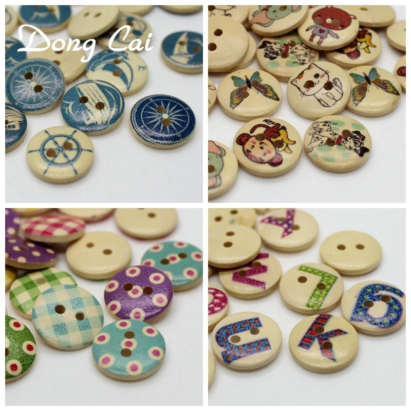

100pcs/lot 1.5CM 15MM Wooden Buttons For Needlework Pattern Buttons DIY Scrapbooking Ornaments Sewing Accessories Random Mixed
