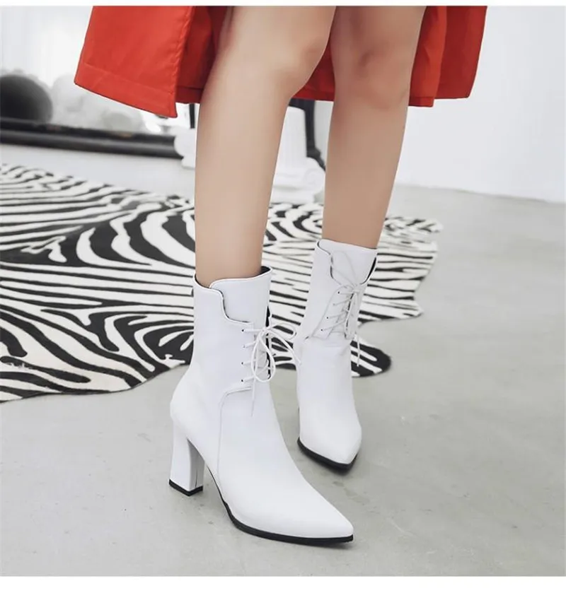 Brand Designers 2018 New Winter Women Shoes Black High Heels Riding Boots Lacing Platform Ankle Boots Chunky Heel Big Size 32-43 (29)
