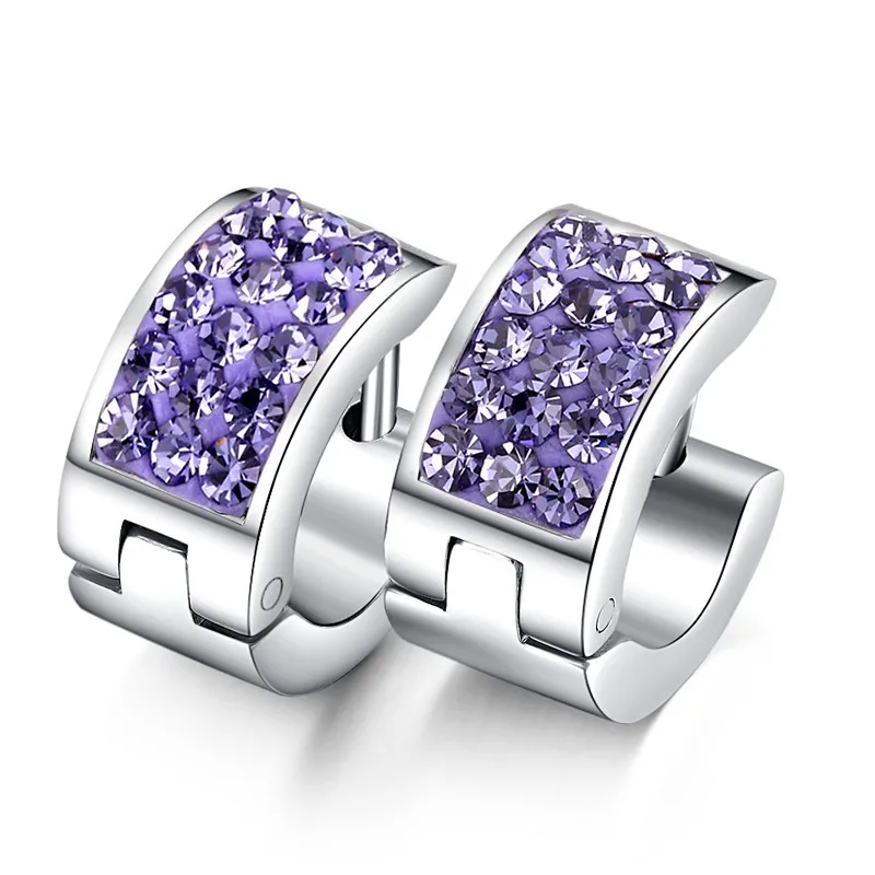 Stainless Steel Mens Ladies Earrings Studs Light purple Crystal 722in
