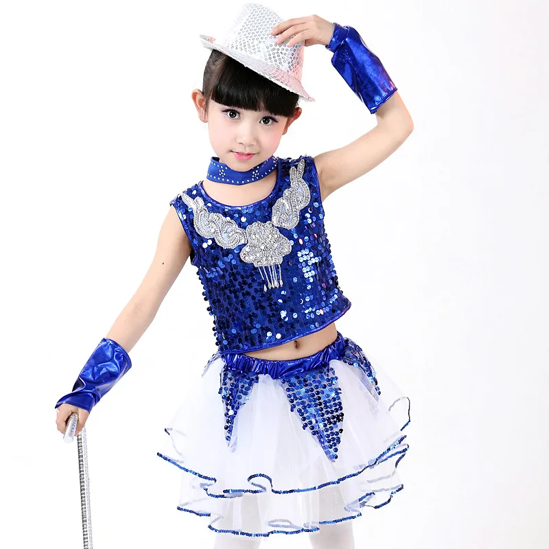 Rhinestone Appliques Kids Jazz Dance Skirt Set Popular