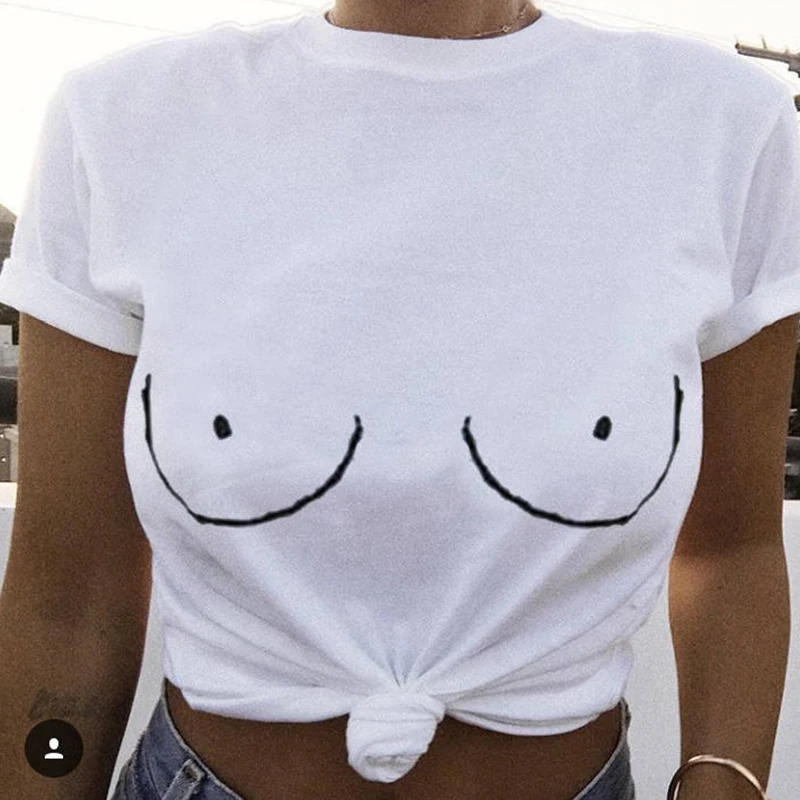 

2018 Cotton Womens T Shirt White Tit Tee Breast Printed T-Shirt Emoji Tees Street Boob Harajuku Womens Tshirt 3XL Plus Size Tee
