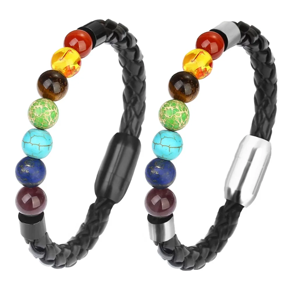 

XINYAO 2018 New Braided Black Leather Bracelets Stainless Steel Magnetic Friendship Bracelets 7 Chakra Natural Stone Bead Bangle