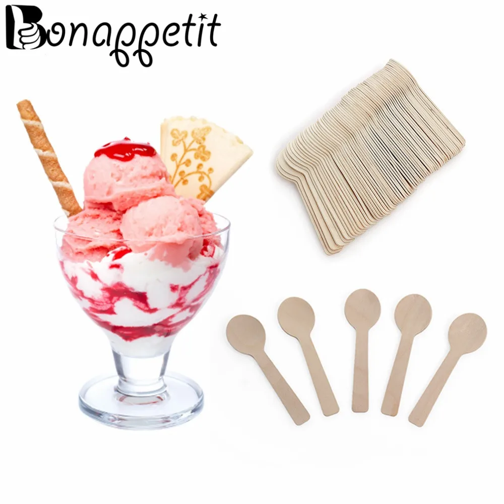 100Pcs Disposable Wooden Ice Cream Spoon Mini Wood Dessert Scoop Party
