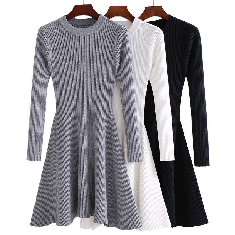 Женское трикотажное платье свитер с длинным рукавом и круглым вырезом|winter dress