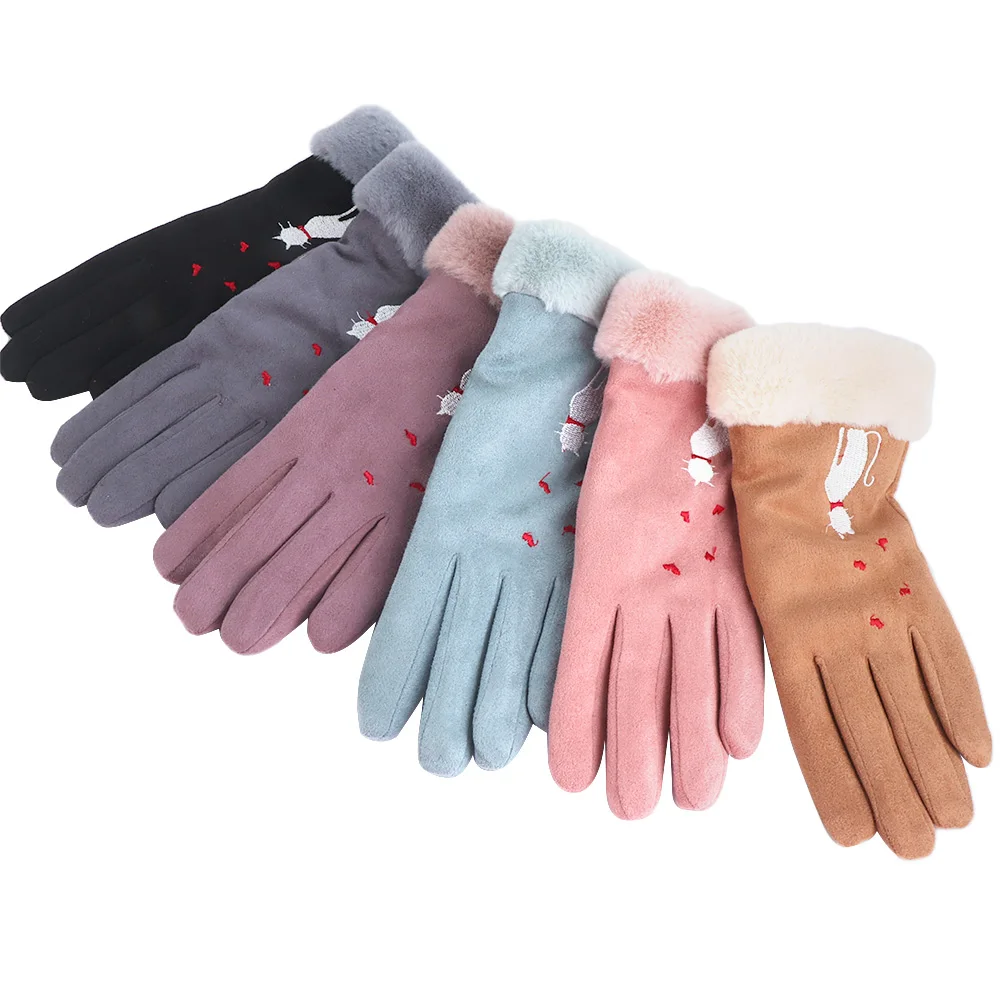 Fashion Women Gloves Autumn Winter Cat Love Heart Embroidery Warm Mitts