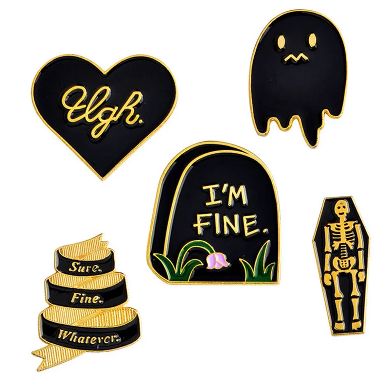 

New I'm FINE Tombstone Coffin Ghost Punk Wind Cowboy Badge For Women Jacket Hats Clips