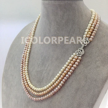 

WEICOLOR Three-strand 6-7mm White Pink Purple Semiround Cultured Freshwater Pearl Jewelry Necklace With SIlver Rose Clasp