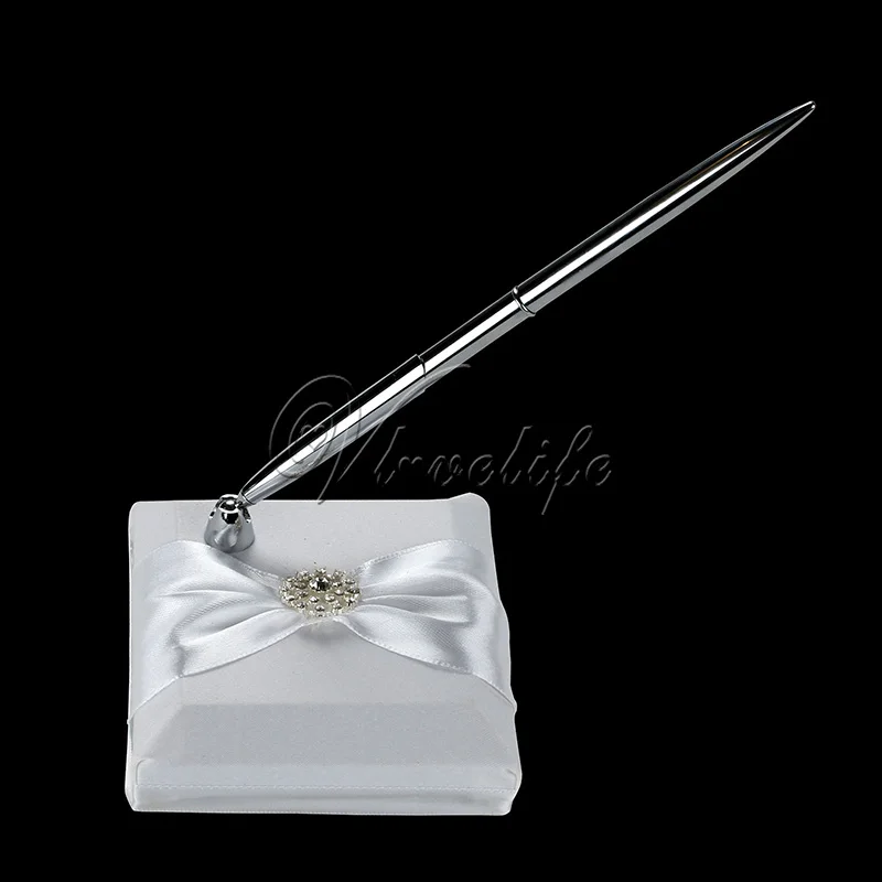 White Wedding Pen and Pen Stand Set with Satin Ribbons Bow Rhinesone