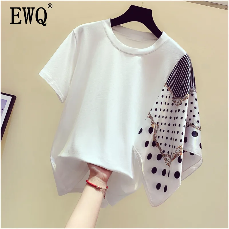 

[EWQ] 2019 Spring Summer New Pattern Round Collar Short Sleeve Asymmetrical Patchwork Pullvoers Casual T-shirt Women AF20401