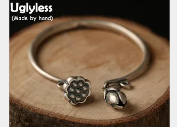 

Uglyless Real S 990 Fine Silver Women Ethnic Vintage Fine Jewelry Handmade Carved Lotus Charm Opening Bangles Adjustable Jewelry