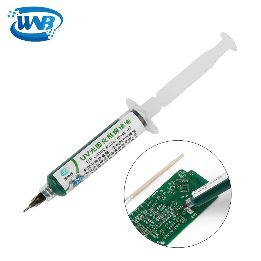 WNB 10ML Green Oil UV Solder Mask BGA PCB Paint Prevent Corrosive Arcing Soldering Paste Flux Inks Soft Nylon Brush 9 LED Light