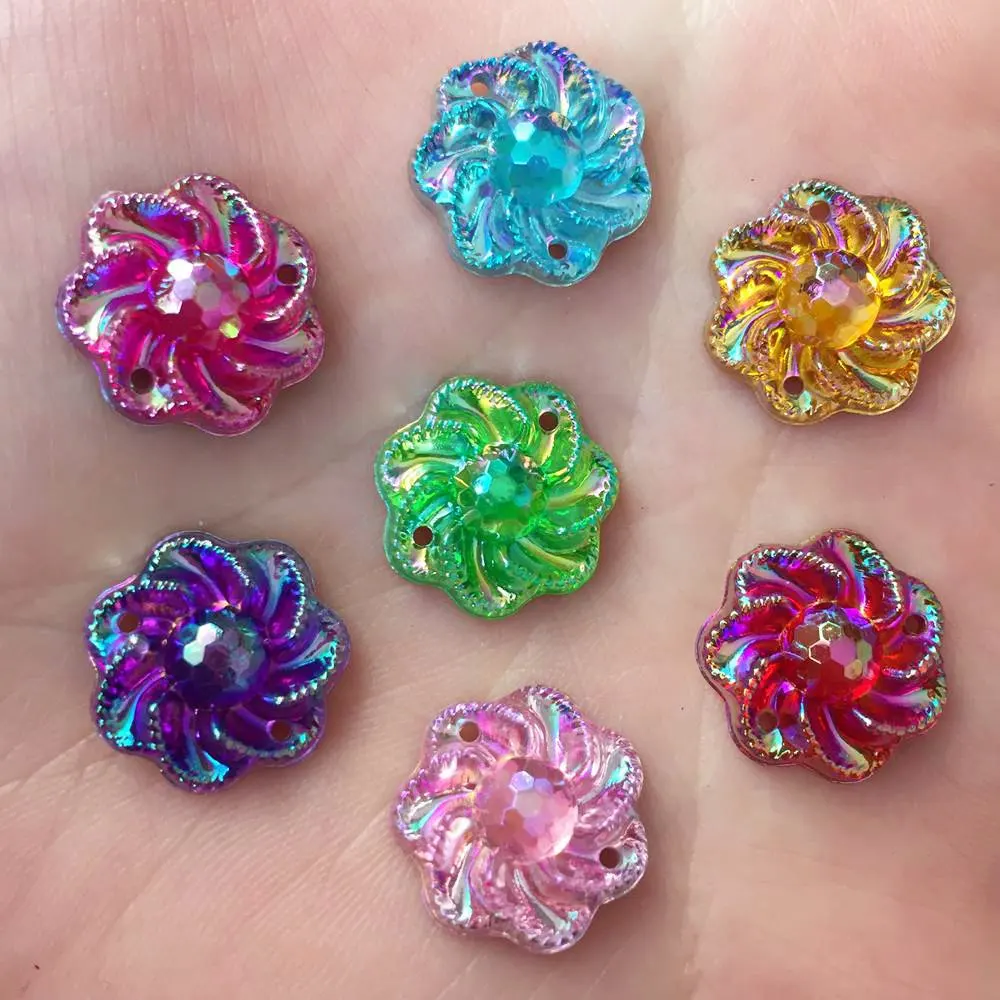 40PCS 15mm AB Resin flower Rhinestone Flatback Wedding diy Buttons 2 hole crafts