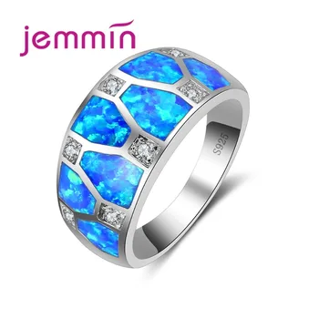 

Round Cut Convexity 925 Sterling Silver Ring Geometric Wide Blue Opal Ring for Women Femme Wedding Party Engagement Popular Ring