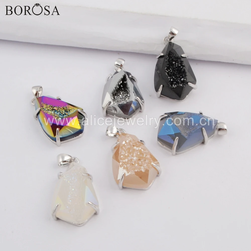 

BOROSA 5/10PCS Silver Color Bezel Shield Shape Rainbow Titanium Agates Druzy Faceted Claw Pendant Beads for Necklace DIY ZS0334