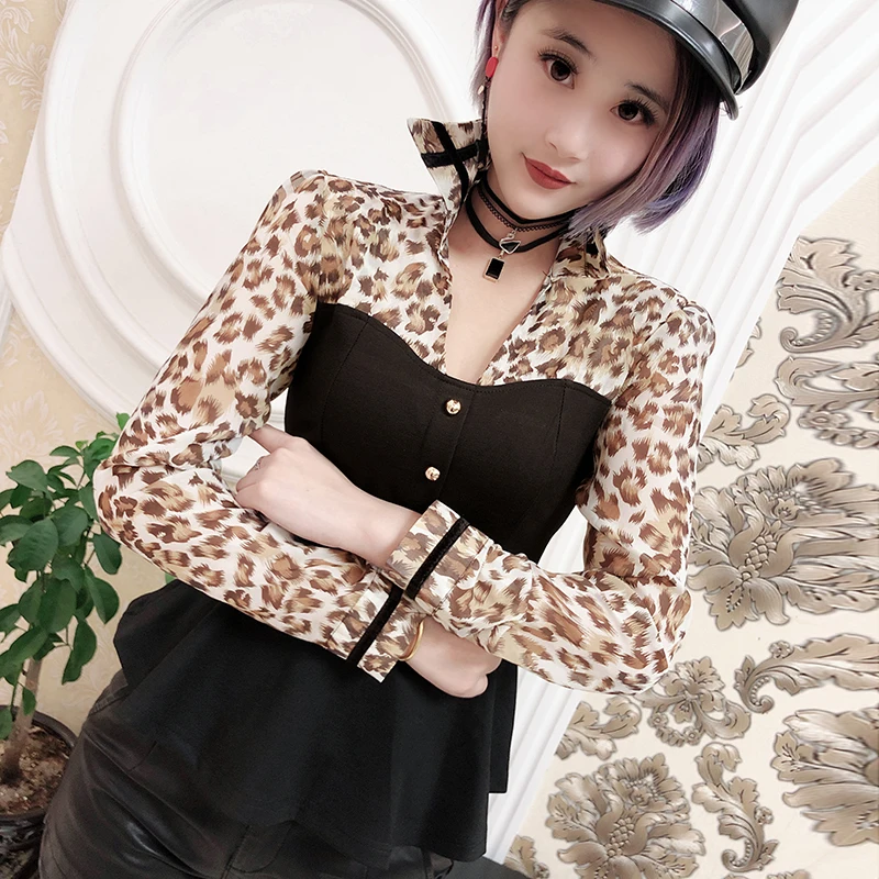  Sexy Leopard Blouse Womon Transparent Patchwork Chiffon Shirt Pullover 2019 Spring Autumn Women Lon