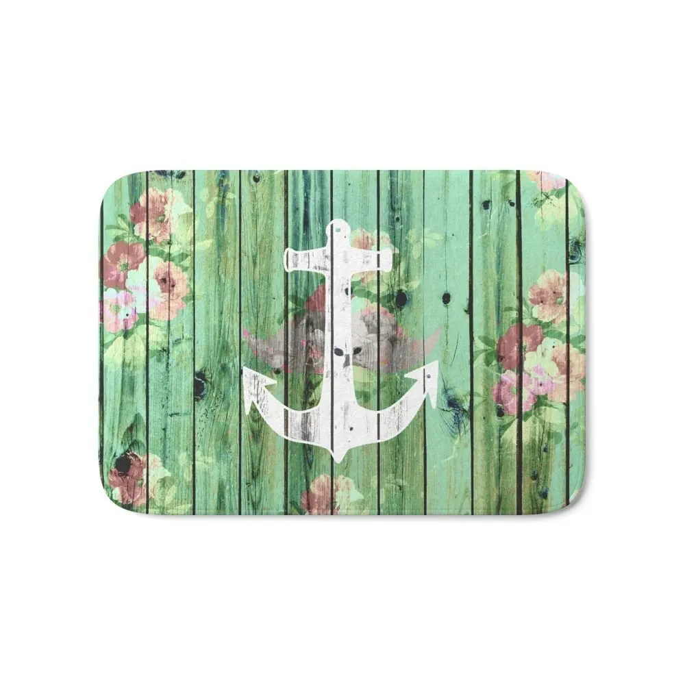 Vintage Floral Nautical Anchor Green Beach Wood Bath Mat 17" x 24"wood