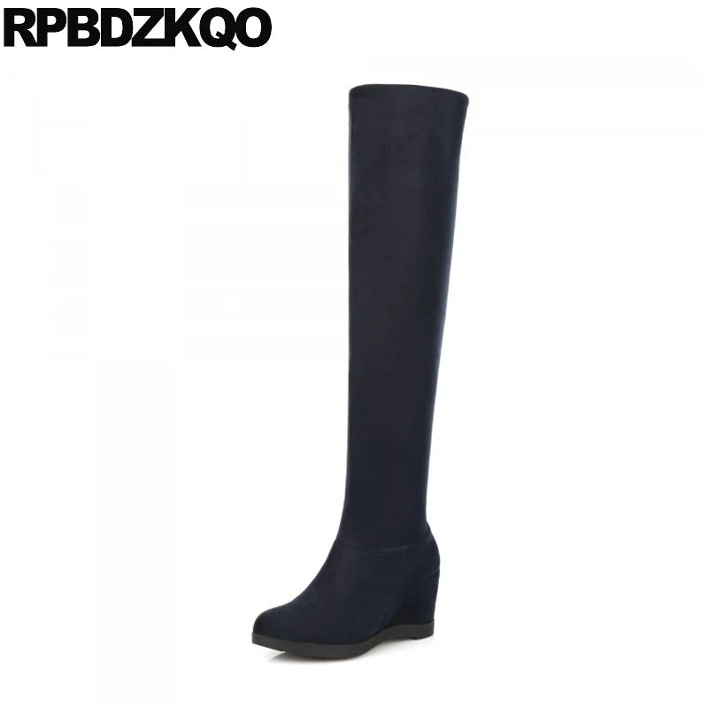 navy blue over the knee suede boots