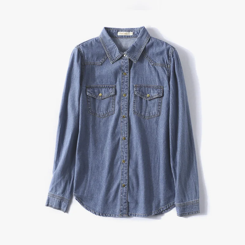 

Spring Fashion Style Women Clothes Denim Shirt Blouse Long Sleeves lady's Casual Vintage Blue Jeans Shirt Camisa