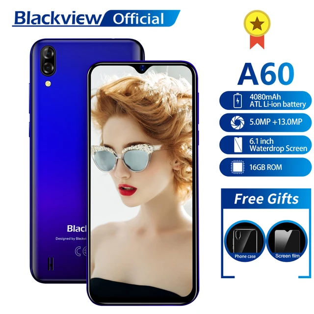 Blackview A60 смартфон Quad Core Android 8,1 4080 мАч мобильный телефон 1 Гб + 16 Гб 6,1 дюймов 19,2: 9 экран Двойная камера, 3G, с функцией мобильного телефона