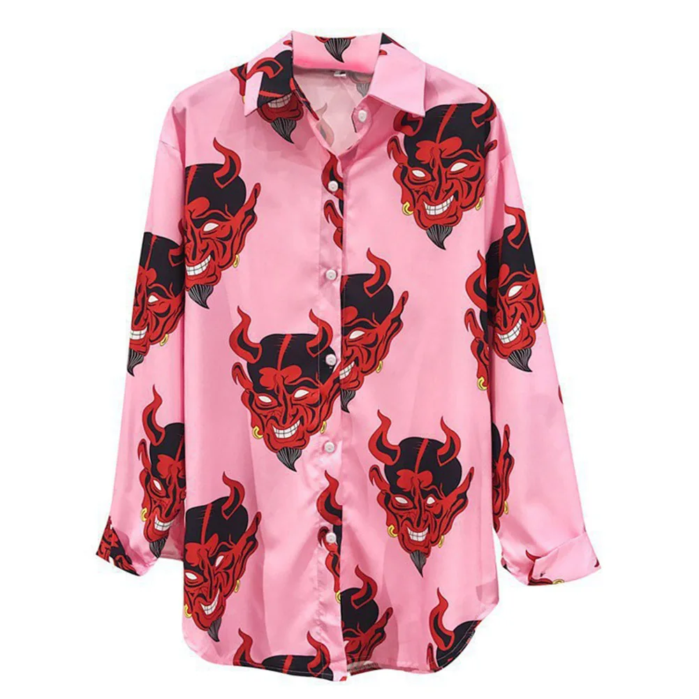 Harajuku Demon Print Summer Women Blouse Punk Gothic Casual Loose Short Sleeve Shirt Tops Female - Цвет: P