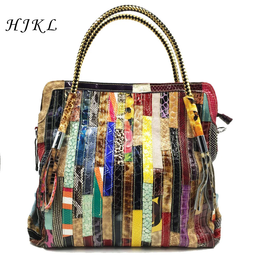 HJKL Genuine Leather Vintage Style Handbag Multicolor Patchwork Cowhide Totes Crossbody Bag ...