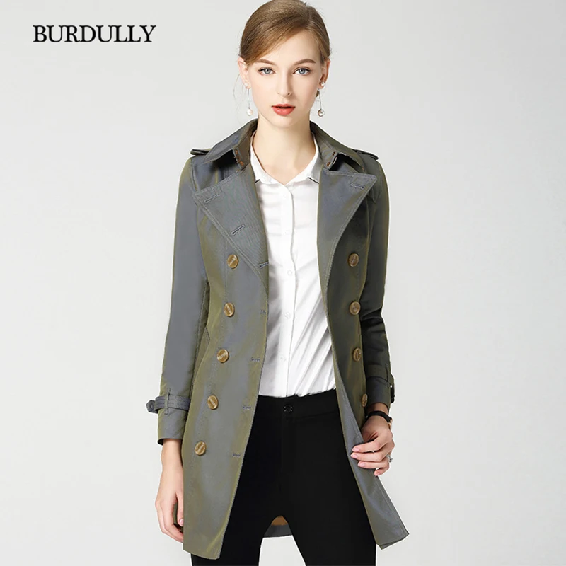 Élégant Printemps Automne 2018 Manteau Burdully khaki Double Coupe Femelle Pleine Tour Boutonnage vent Mode armygreen Femmes doen Mince Tête Col Brown Solide PtxPqE6wd