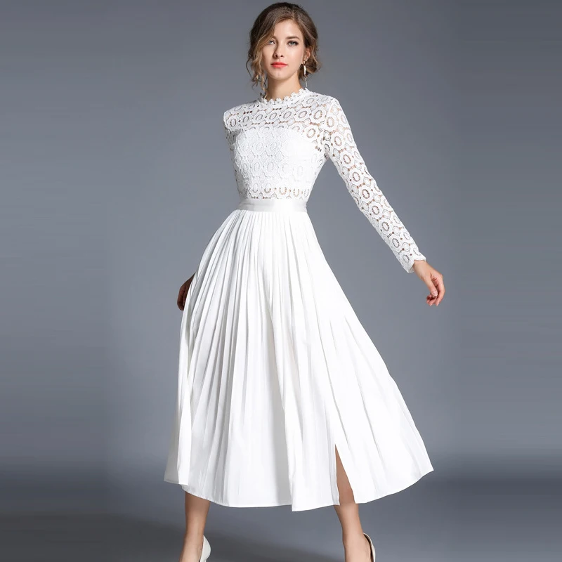 European Style Spring Casual Dress Hollow Out Elegant White Lace Dress Women Ankle Length Sexy 