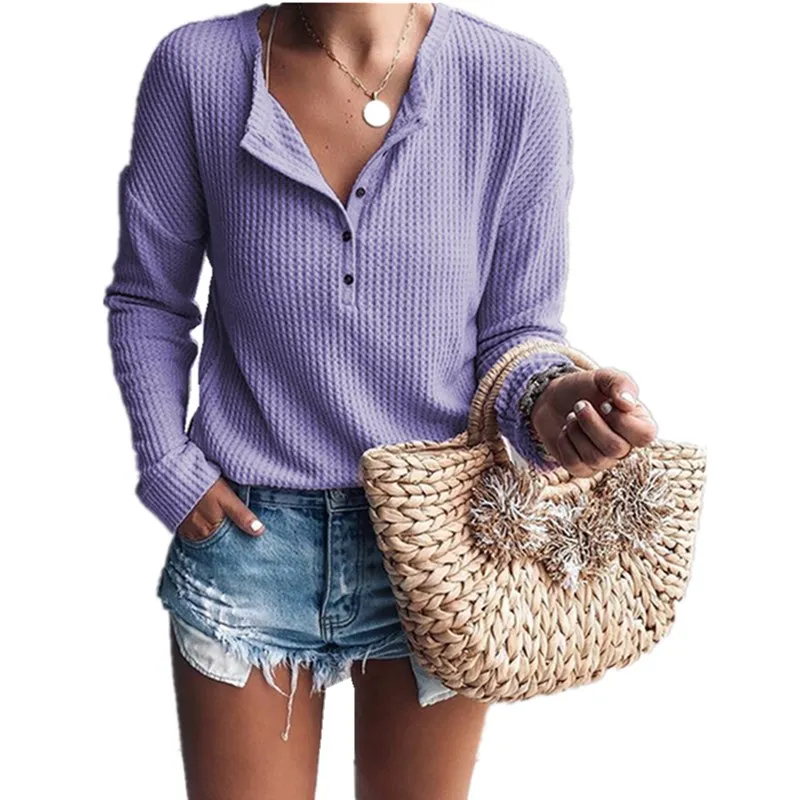 Acheter LOSSKY Casual Solide Tricots Blouse 2018 Automne Et D hiver De Mode de Femmes Bouton V cou à manches longues Chemises Woemn Haut blusas