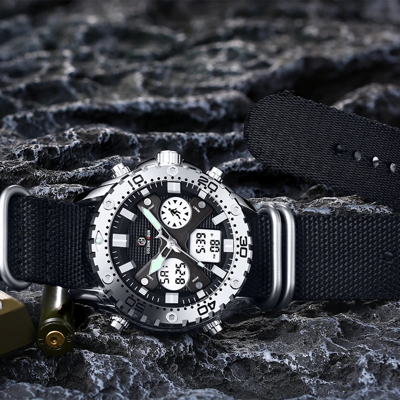 Preise GOLDENHOUR Mode Outdoor Sport Männer Uhr Armee Militär Leinwand Analog Digital Armbanduhr Dual Display Silber Fall Männlichen Uhr