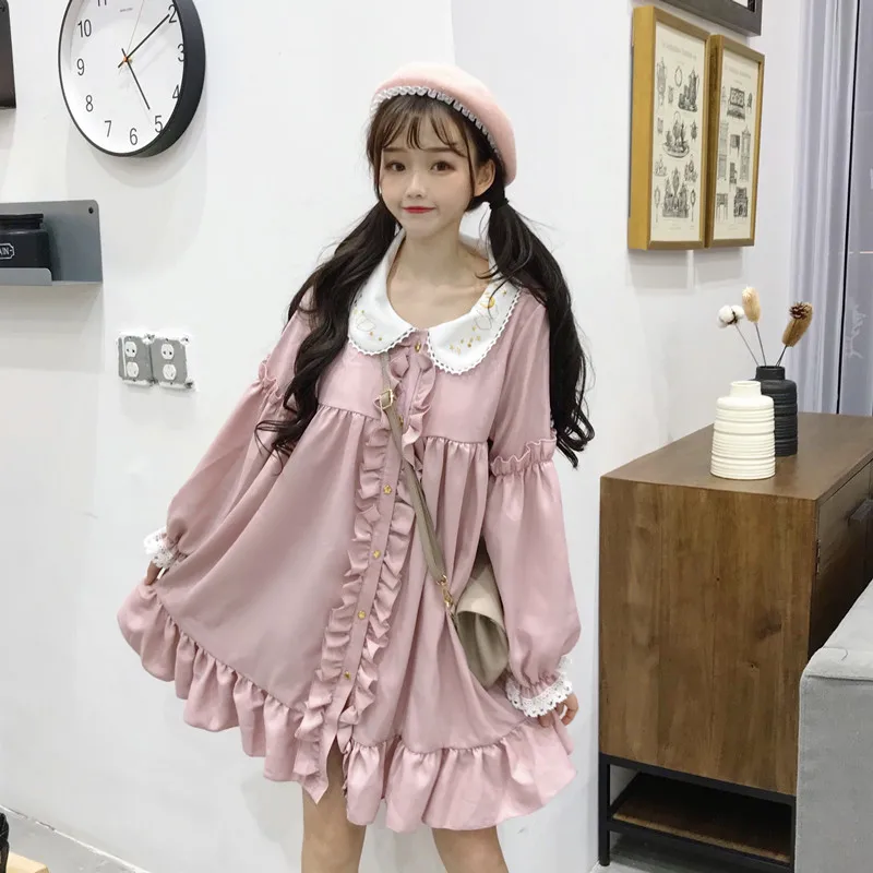 

Pink Lolita Dress Long Sleeves High Waist Doll Collar Lace Cuff Cute Sweet Girls Women Dress 0923