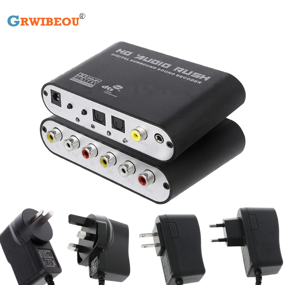

DTS/AC3 5.1 Channel Audio Decoder Optical SPDIF 3.5 AUX Coaxial Digital to Analog 6RCA HD Dolby Surround Sound Amplifier Adapter