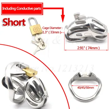 Male Electric Shock Stainless Steel Long Cage Chastity Device Metal Cock Penis Rings Ball Stretcher Lock BDSM Restraint Sex Toys