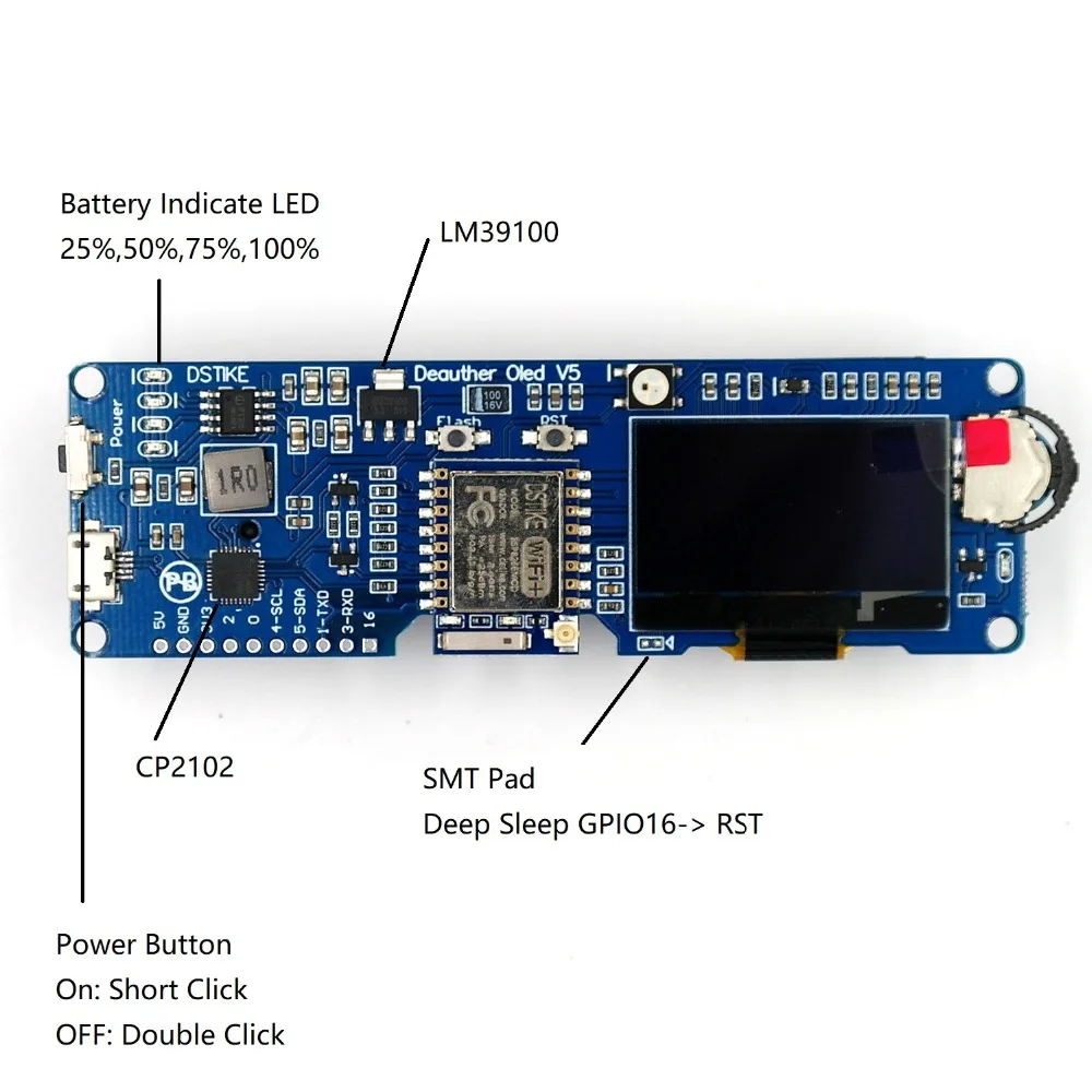 DSTIKE WiFi Deauther OLED V5 | ESP8266 макетная плата | 18650 защита от полярности аккумулятора | Чехол | антенна | 4MB ESP-07